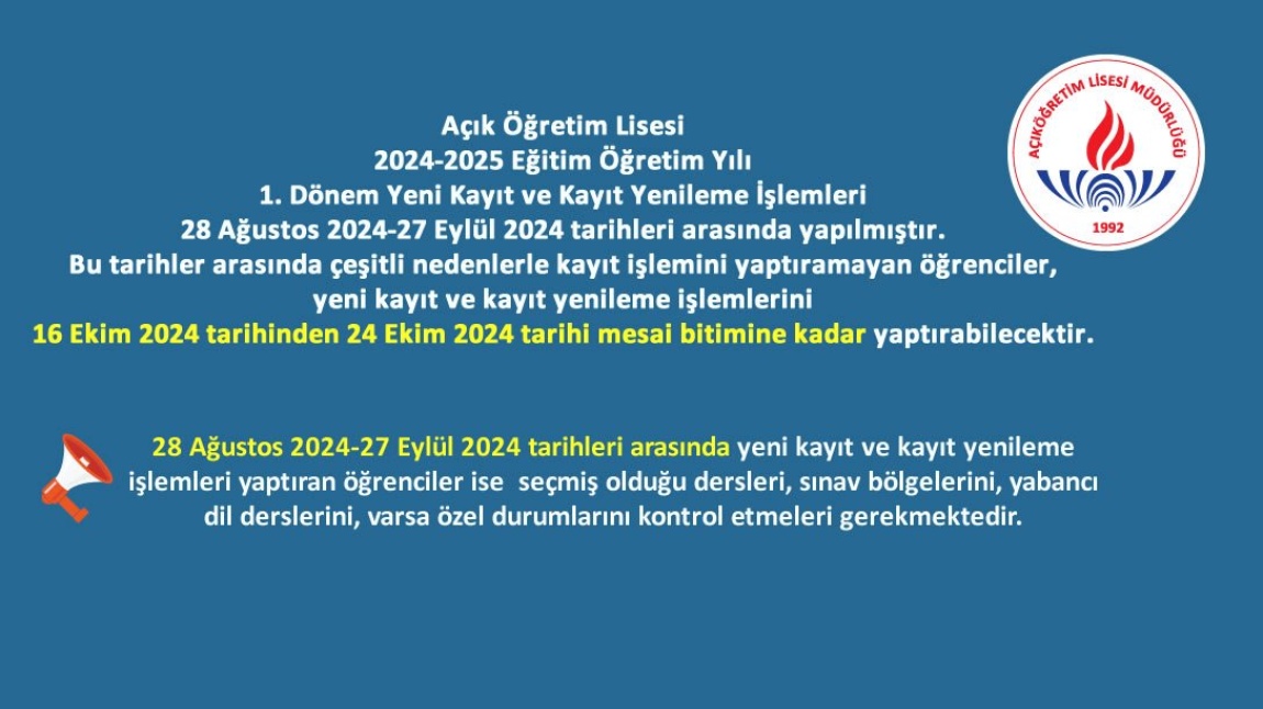 YENİ KAYIT VE KAYIT YENİLEME TARİHLERİ UZATILDI .!!!